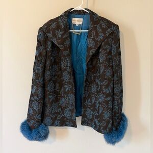 Lily & Taylor Blazer Women’s Size 12 Blue Brown Floral Faux Fur Vintage